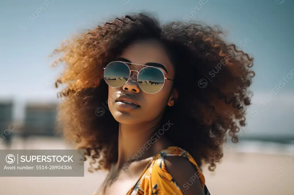 Smiling Afro woman with sunglasses posing on the beach. AI Generative