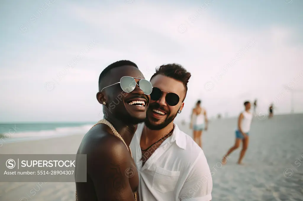 Smiling homosexual multiethnic couple on the beach. AI Generative