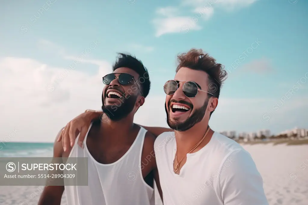 Smiling homosexual multiethnic couple on the beach. AI Generative