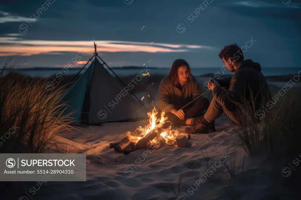 Couple camping on the beach at sunset. AI Generative