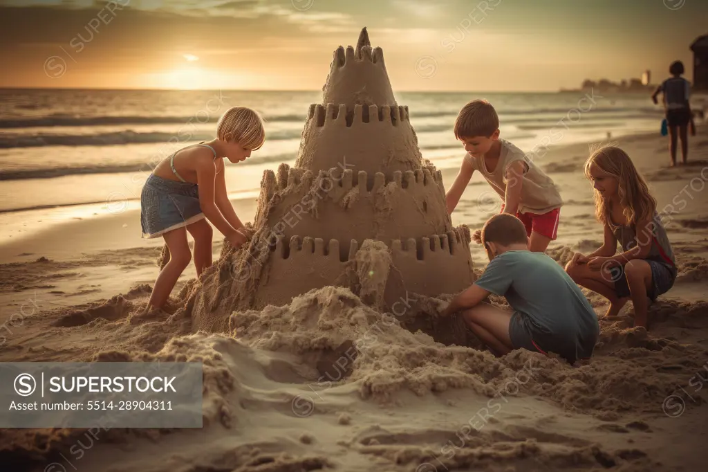 Kids making sand castle on the beach at sunset. AI Generative