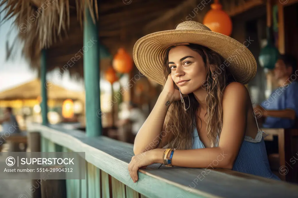 Woman sitting at a beach bar looking at the camera. AI Generative