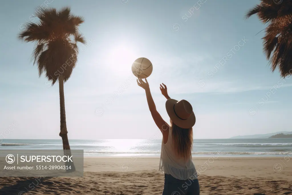 Rear view of girl with hat playing ball on the beach. AI Generative