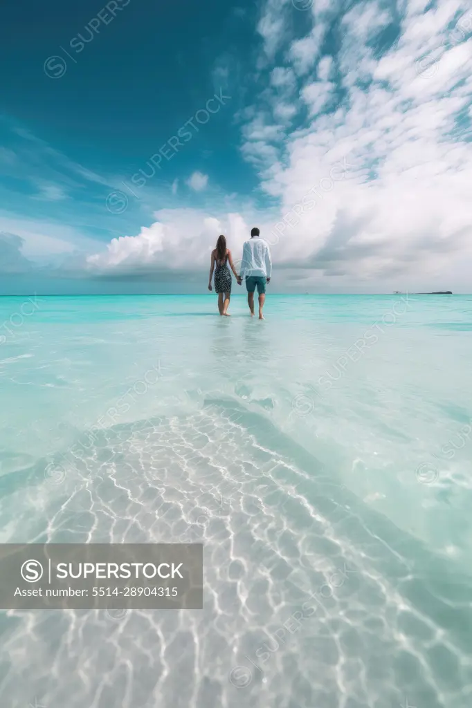 Couple holding hands walking on a tropical beach. AI Generative