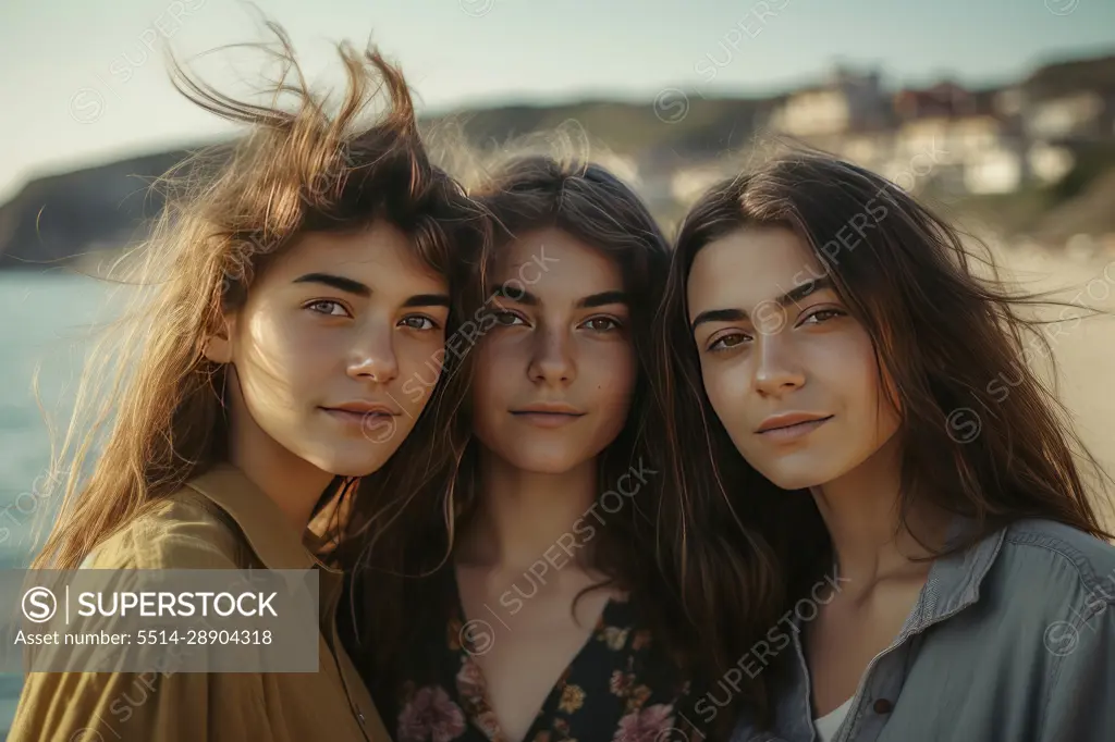 Portrait of three beautiful women at the beach. AI Generative