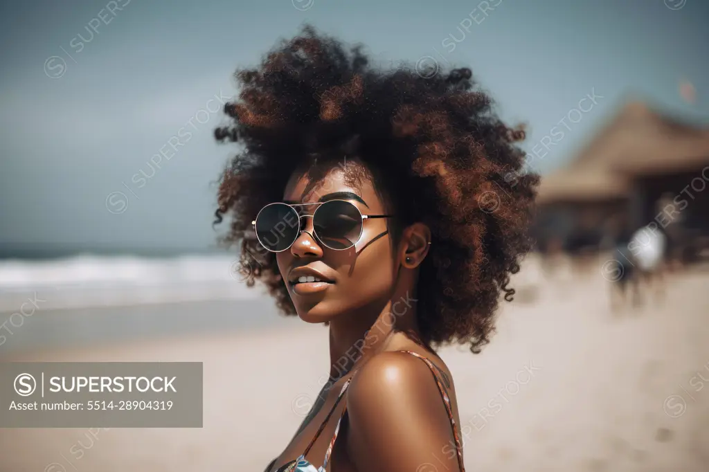 Smiling Afro woman with sunglasses posing on the beach. AI Generative