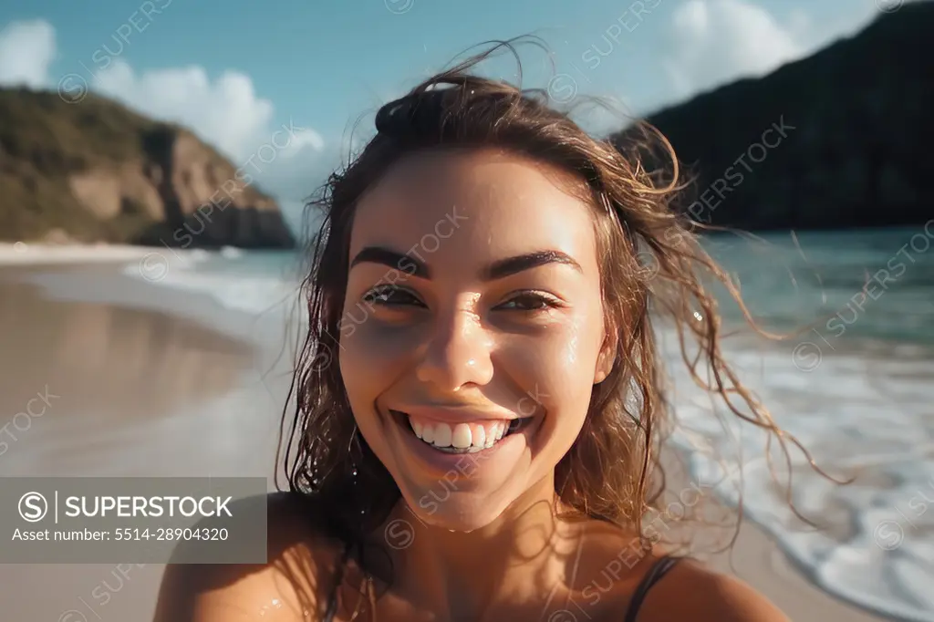 Smiling young girl in the water at the beach. AI Generative