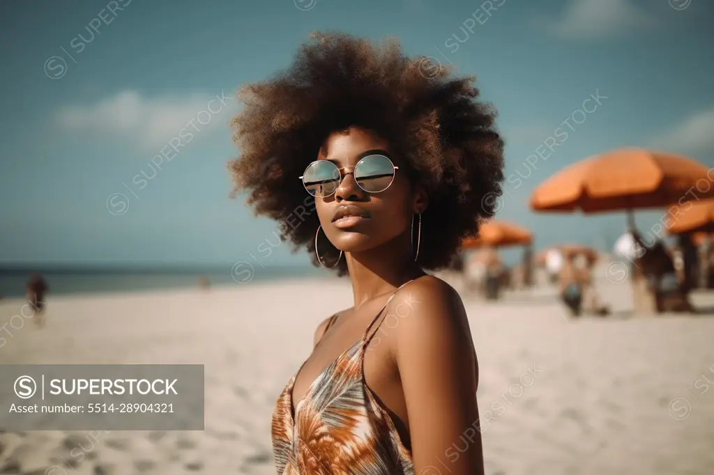 Smiling Afro woman with sunglasses posing on the beach. AI Generative