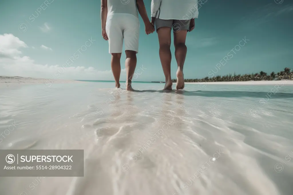 Couple holding hands walking on a tropical beach. AI Generative