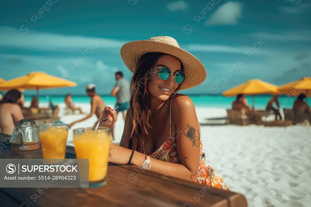 Woman sitting at a beach bar drinking a beverage. AI Generative