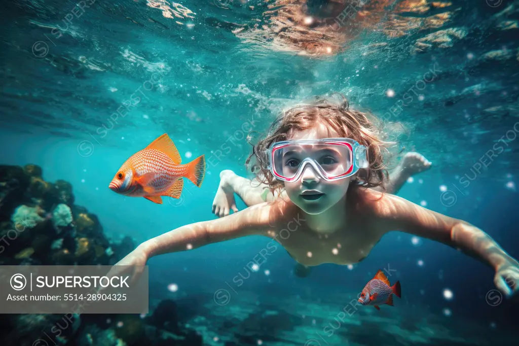 Girl snorkeling surrounded by fishes. AI Generative