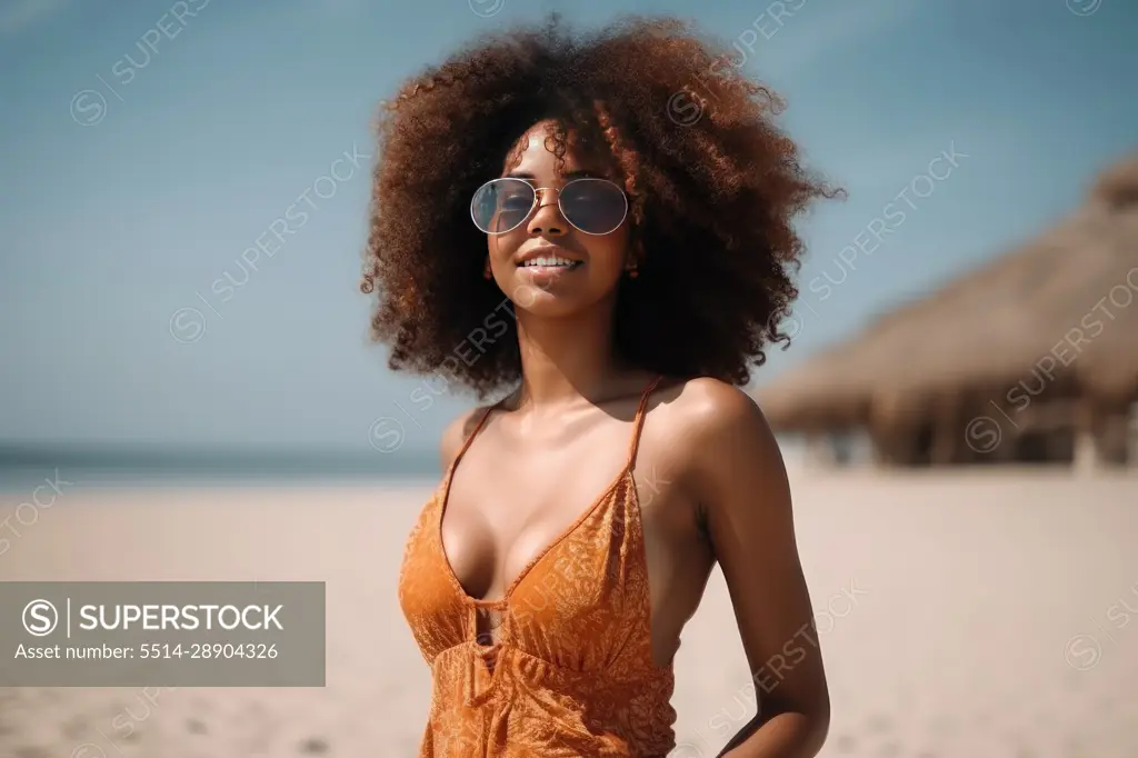 Smiling Afro woman with sunglasses posing on the beach. AI Generative