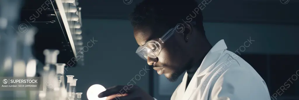 Young african male scientific in working in lab. Generative AI.