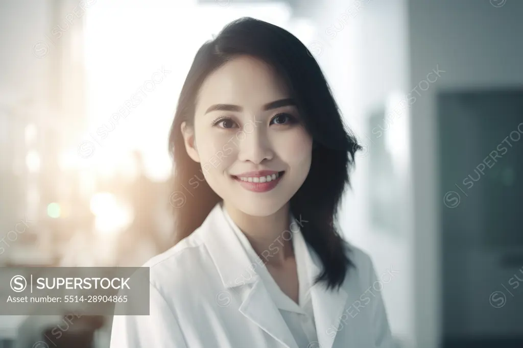 Young asian female scientific in laboratory. Generative AI.