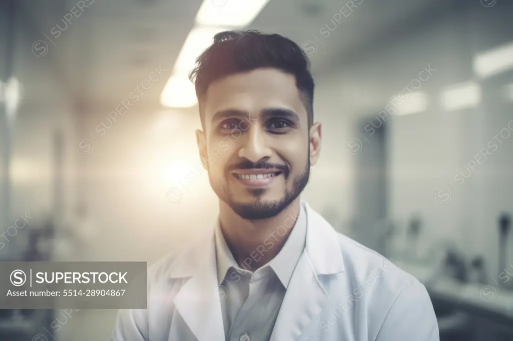 Young indian male scientific in laboratory. Generative AI.