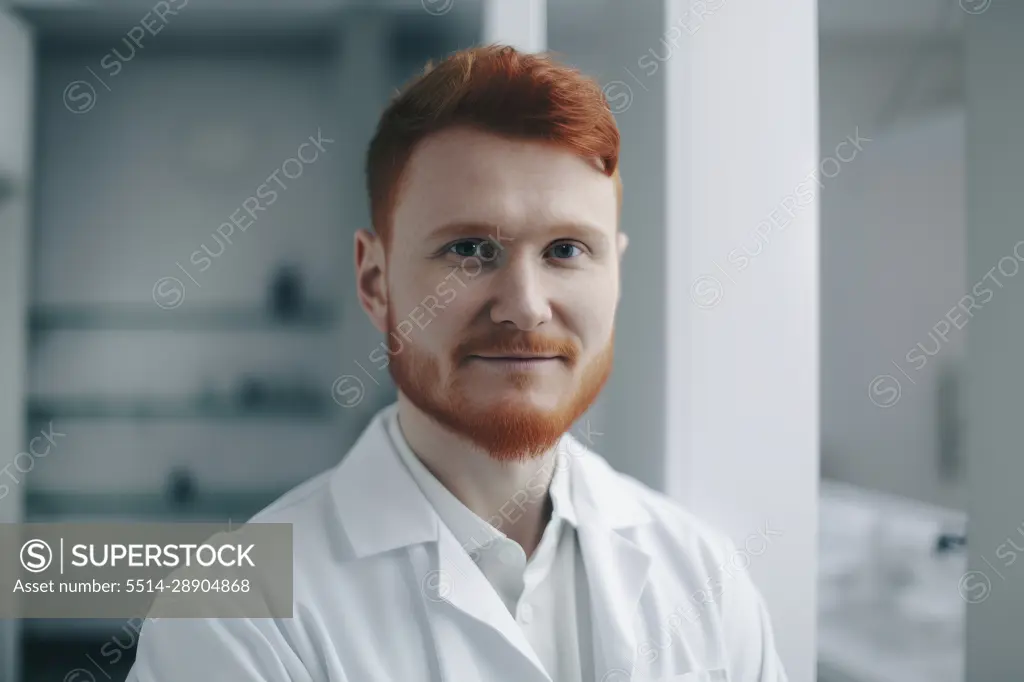 Young redhead male scientific in laboratory. Generative AI.