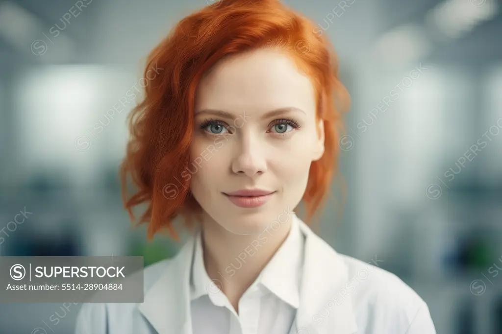 Young redhead female scientific in laboratory. Generative AI.