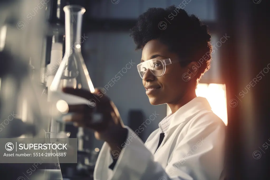 Young african female scientific in working in lab. Generative AI.