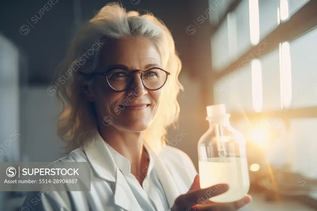 Senior caucasian female scientific working in lab. Generative AI.