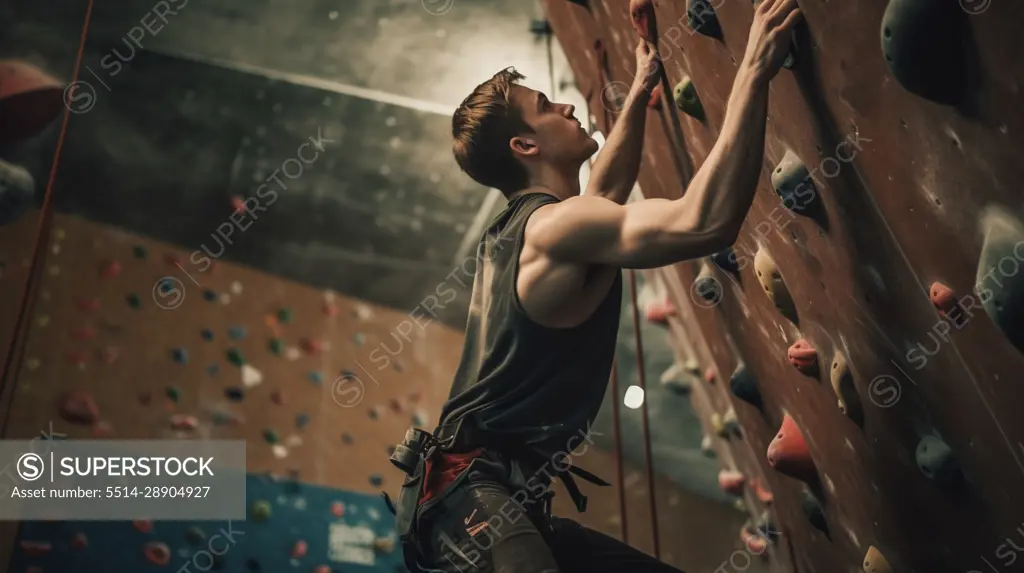 Image Generative AI. Climber man training skills indoor