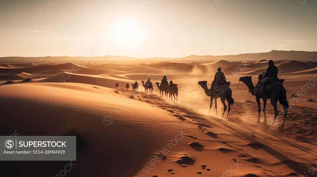 Image Generative AI. Beduins riding camels through the  desert