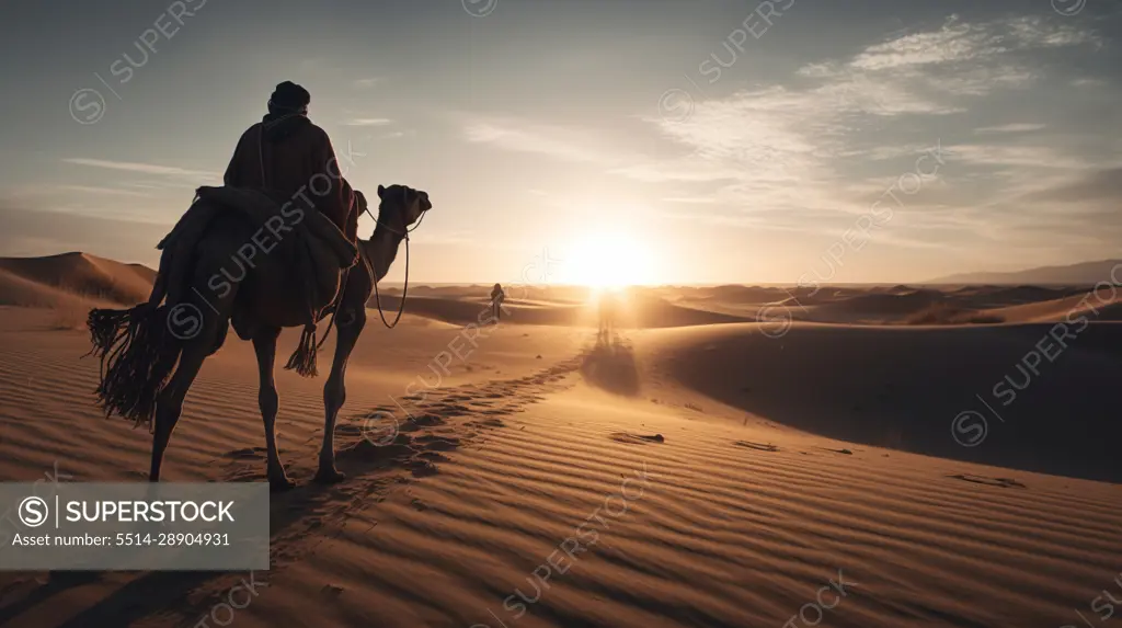 Image Generative AI. Beduins riding camels on desert