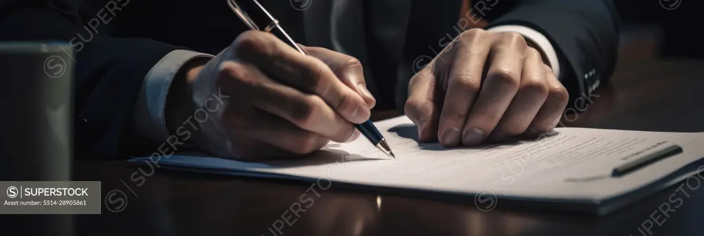 Crop shot of a person with a pen signing documents. Generative AI.