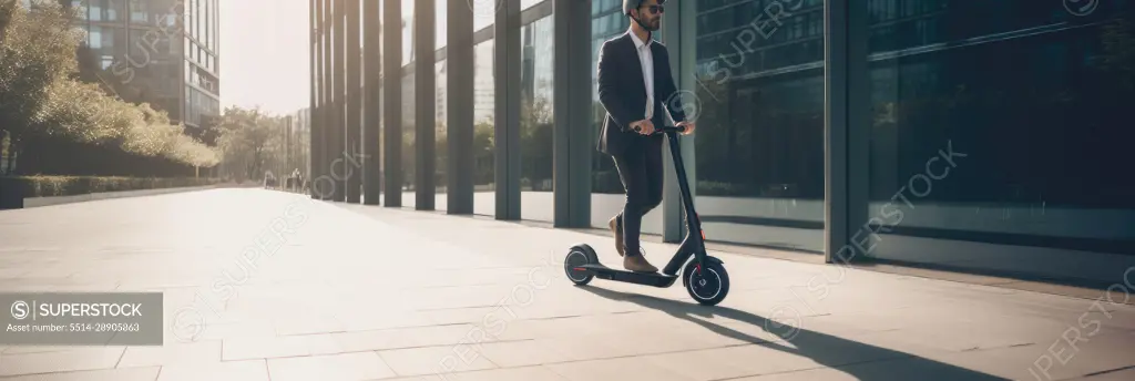 Business man riding electric scooter on road in city. Generative AI.