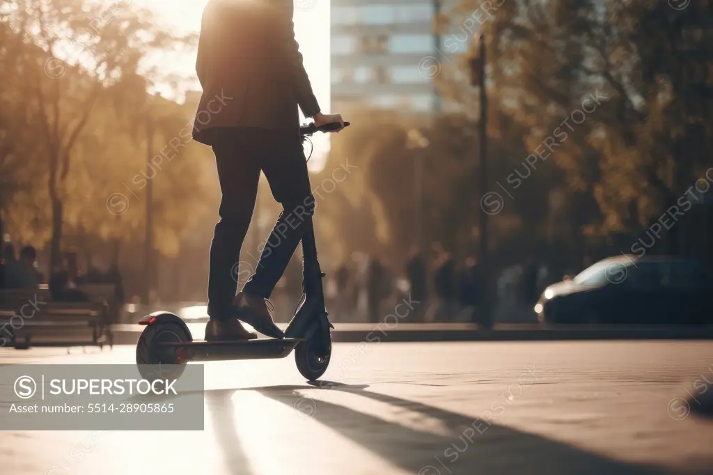 Faceless businessman riding electric scooter in a city. Generative AI.