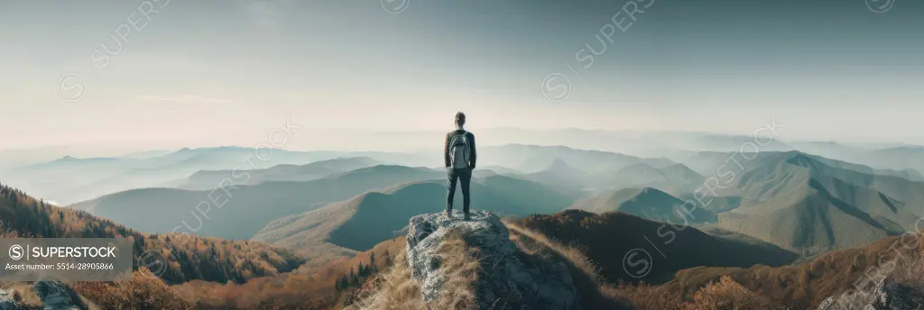 Male hiker on top of the mountain. Generative AI.