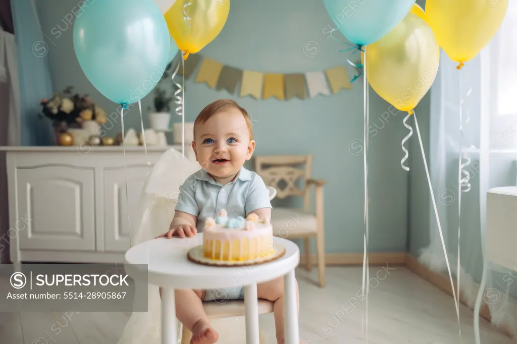 One year old baby in his birthday party. Generative AI.