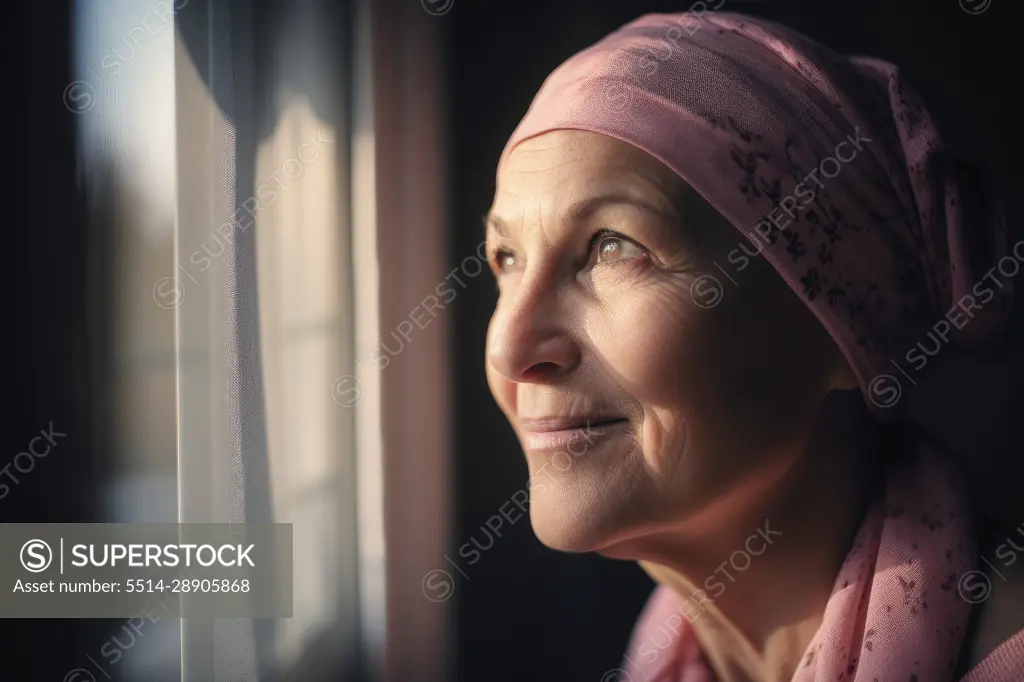 Mature woman with pink headscarf look out the window. Generative AI.