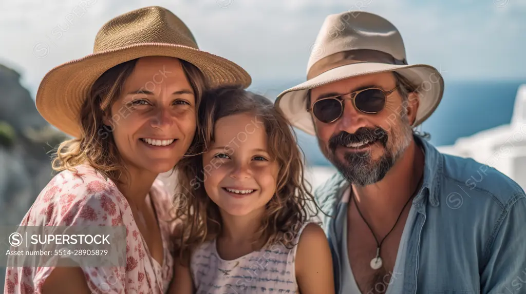 Caucasian couple with their little girl, on vacation. Generative AI