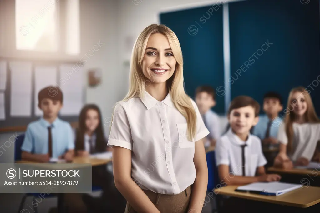 Portrait of female caucasian teacher with his students. Generative AI.