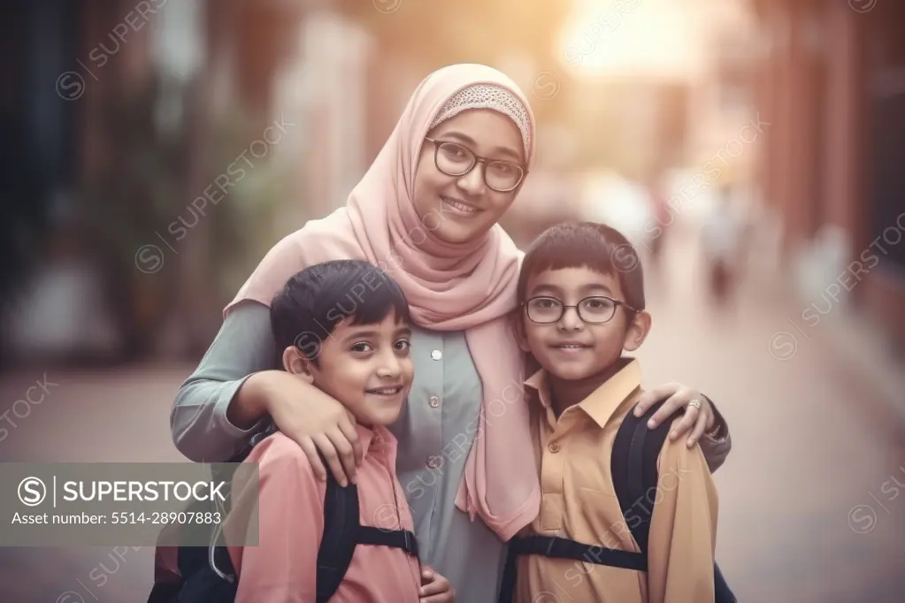 Smiling muslim mother taking her children to school. Generative AI.