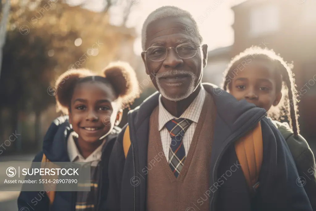 African grandfather taking granddaughters to school. Generative AI.