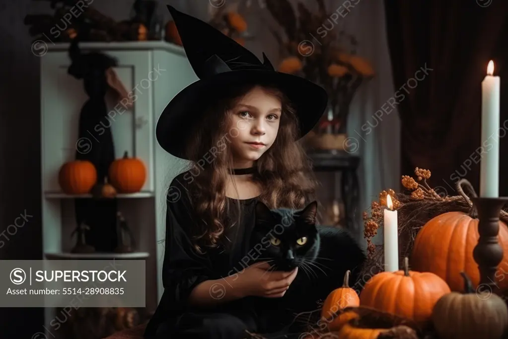 Caucasian girl in witch costume with her cat at home. Generative AI.