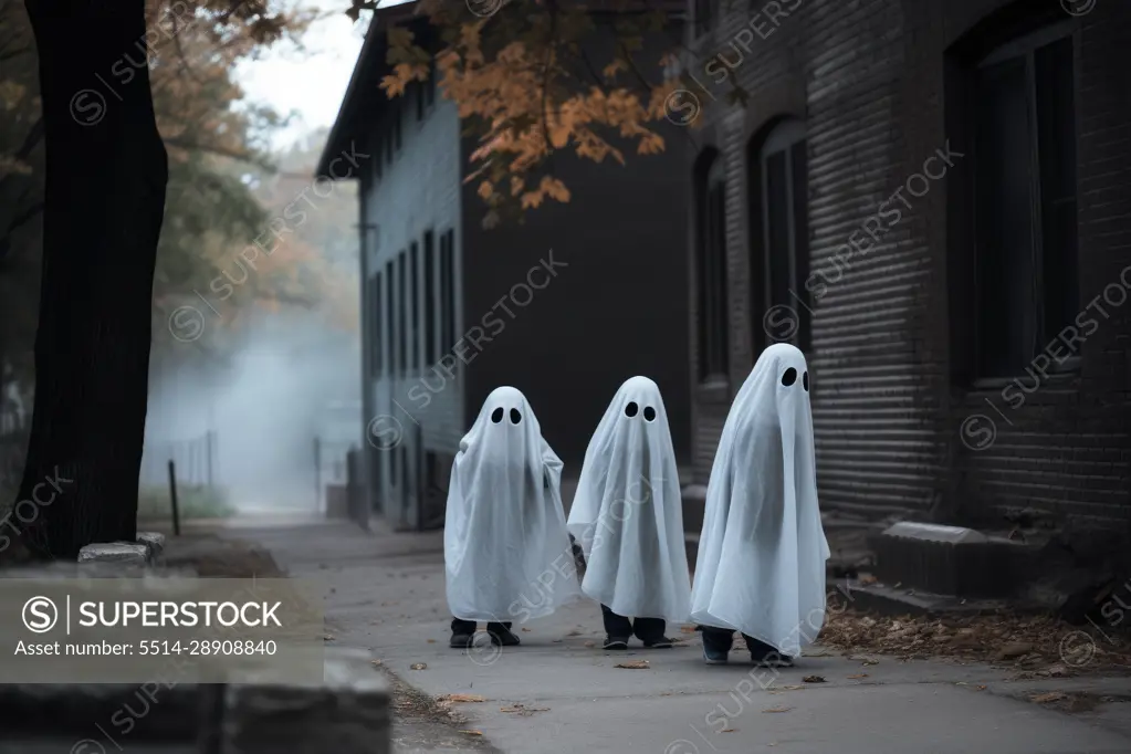 Kids in ghost costumes celebrating halloween at street. Generative AI.