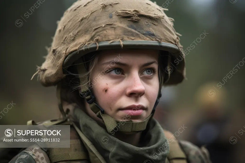 Caucasian female soldier at the battlefield. Generative AI.