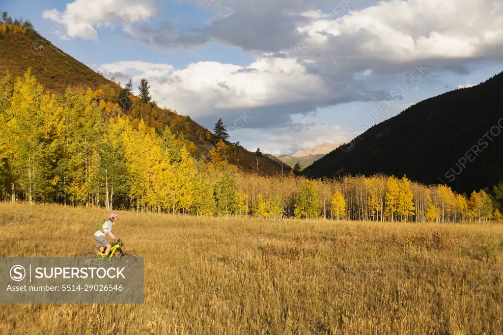 Young woman mountain biking during autumn