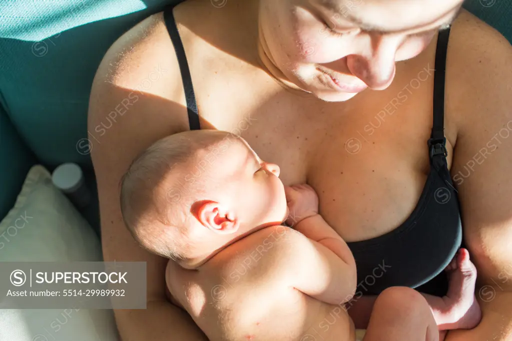 Overhead view of mother holding her newborn, skin to skin