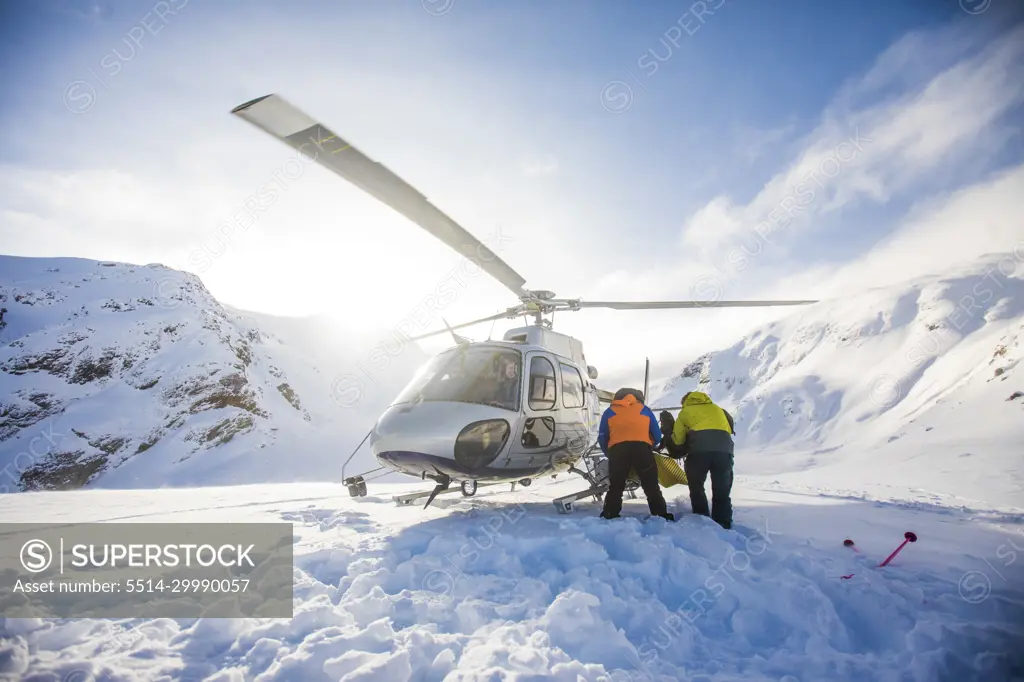 Rear view of loading helicopter basket after trip into the mountains