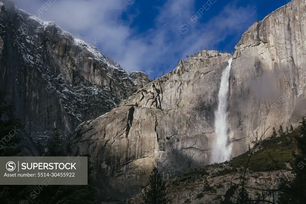 Yosemite Falls seen in winter in Yosemite National Park.