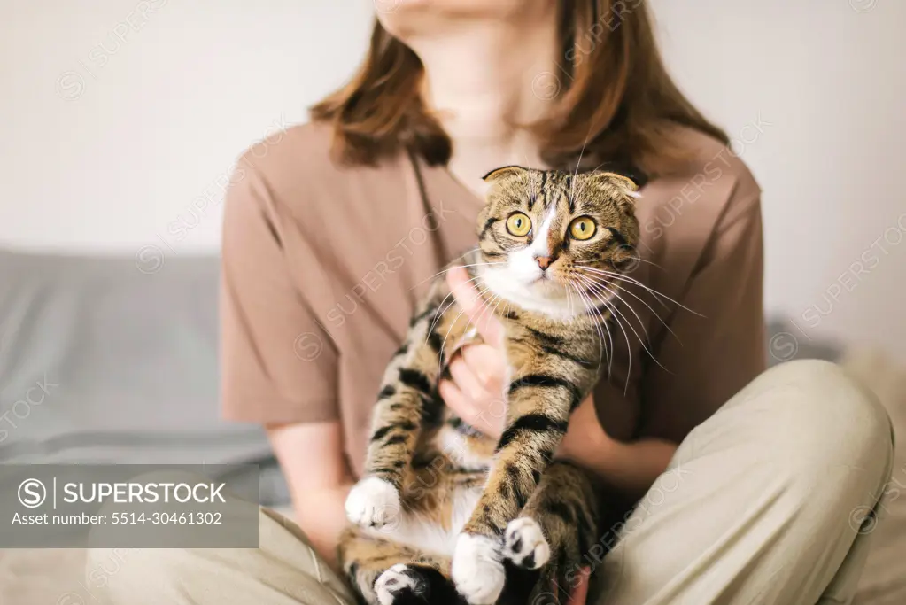 Young woman holding beautiful cat