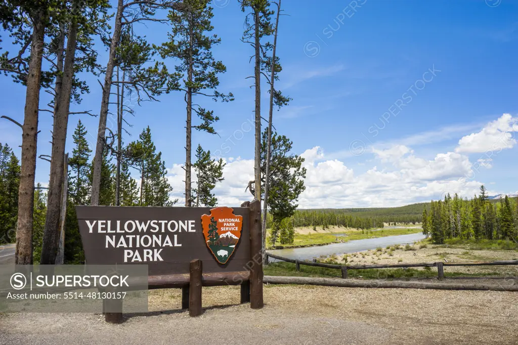 Sign for Yellowstone National Park at the South Entrance, Wyoming