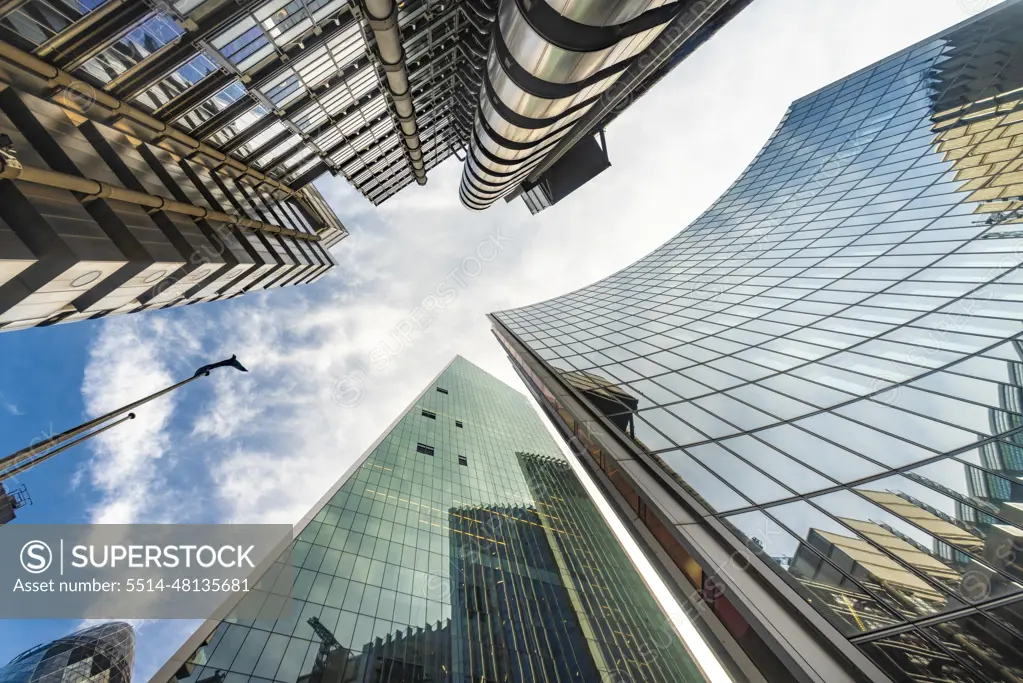 Lloyds building , Gherkin and glass towers at the city of London