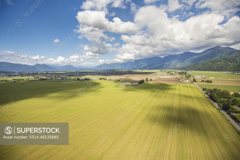 Elevated view of fertile farmland, Fraser Valley, Canada.