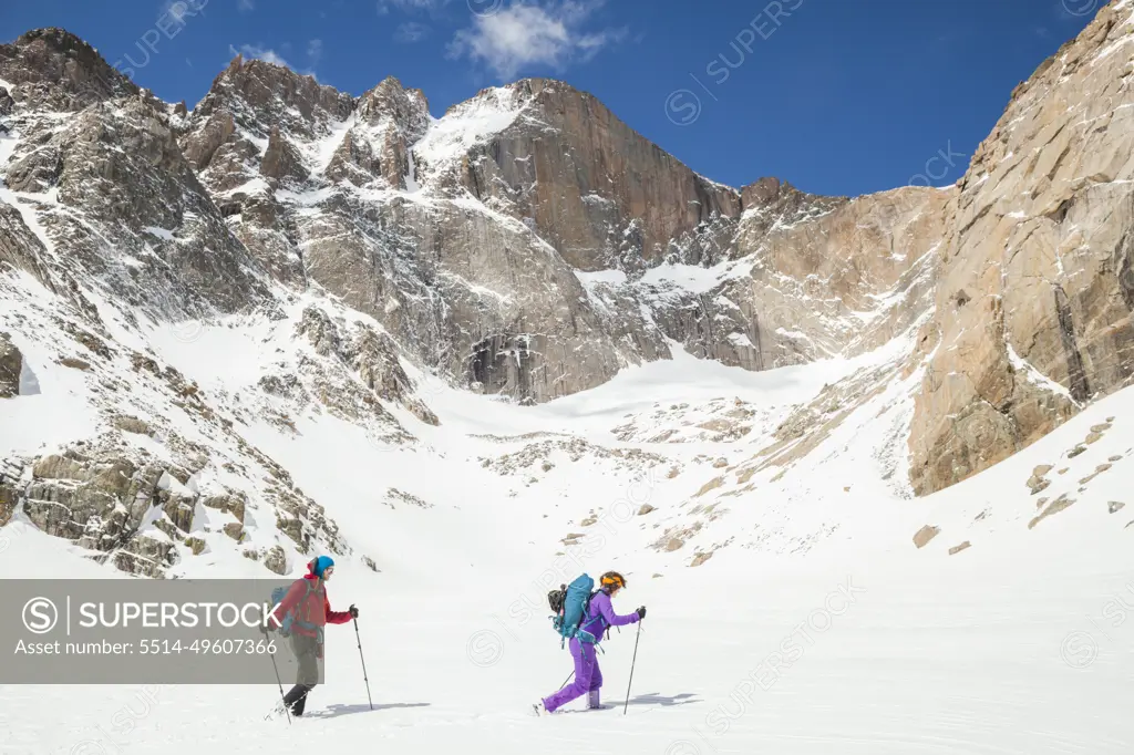 Climbers hike below Longs Peak, Rocky Mountain National Park