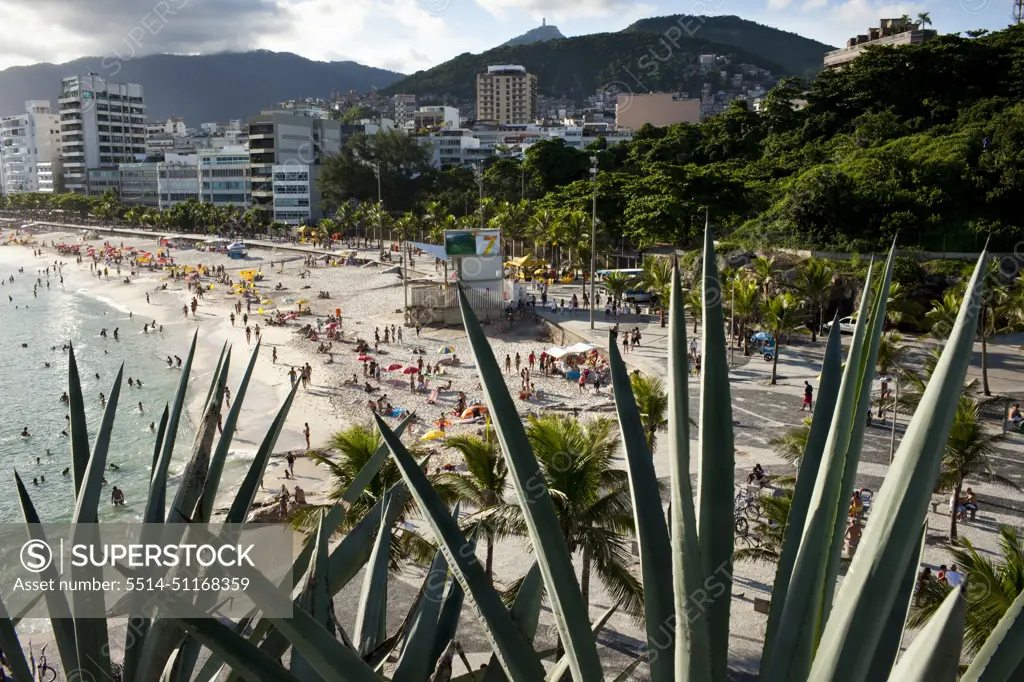 Weekend crowds enjoy Ipanema Beach, Rio de Janeiro, Brazil.