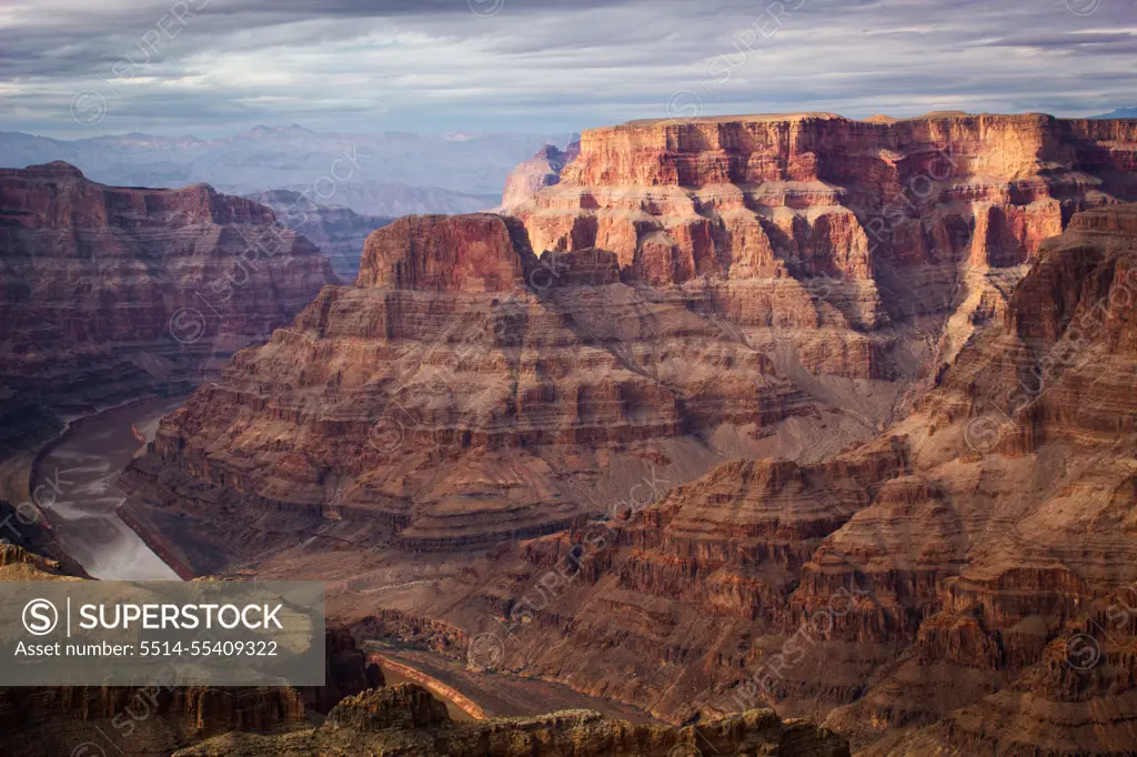 Scenic view of Grand Canyon and Colorado river on a cloudy day